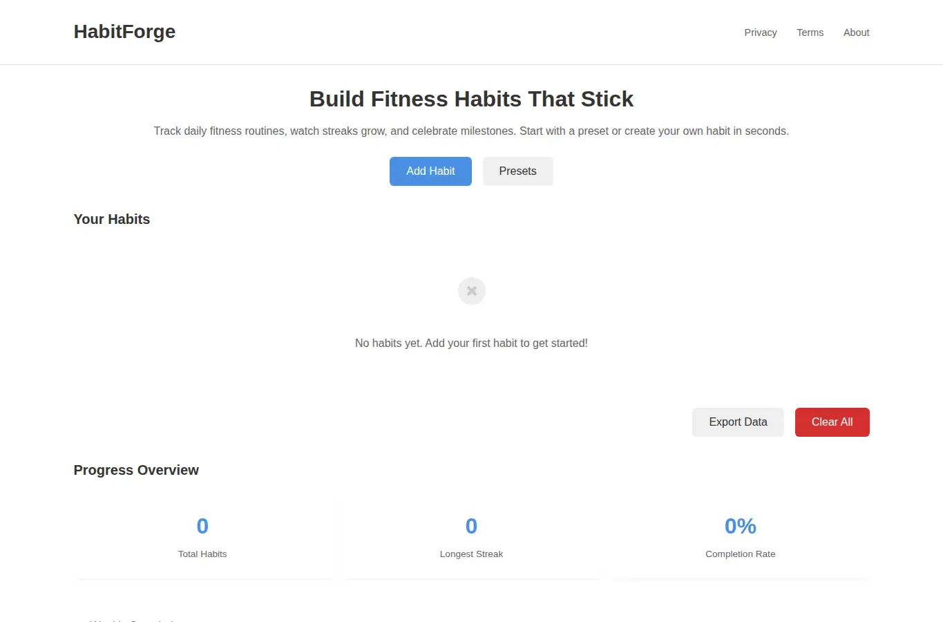 Screenshot of HabitForge - Fitness Habit Strength Tracker interface showing the project page in use